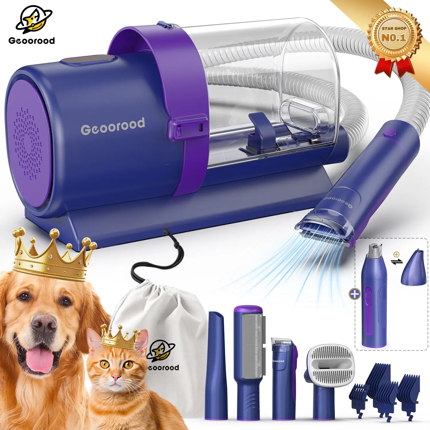 Geoorood All-In-One Dog Grooming Kit with Vacuum Brush, 2.5L Capacity, Stainless Steel Blades, Lightweight Design, 13Kpa Suction Force, Portable Cleaning Set