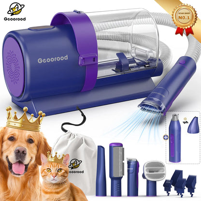 Geoorood All-In-One Dog Grooming Kit with Vacuum Brush, 2.5L Capacity, Stainless Steel Blades, Lightweight Design, 13Kpa Suction Force, Portable Cleaning Set