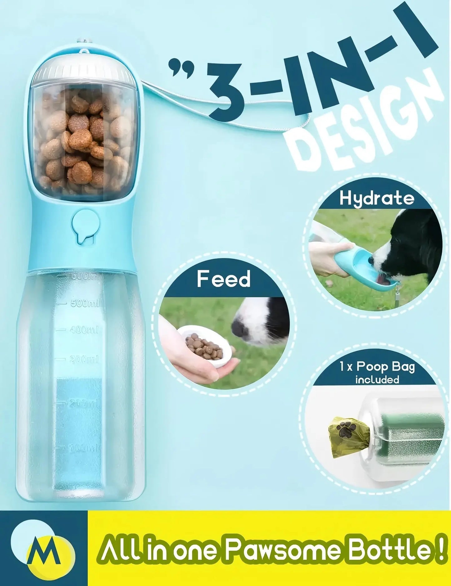 3-in-1 Portable Dog Water Bottle & Travel Bowl with Treat Container & Poop Bag Holder - Ideal for Outdoor Adventures with Large Dogs - 20oz Blue
