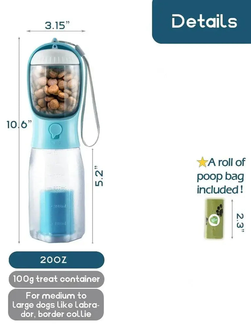 3-in-1 Portable Dog Water Bottle & Travel Bowl with Treat Container & Poop Bag Holder - Ideal for Outdoor Adventures with Large Dogs - 20oz Blue
