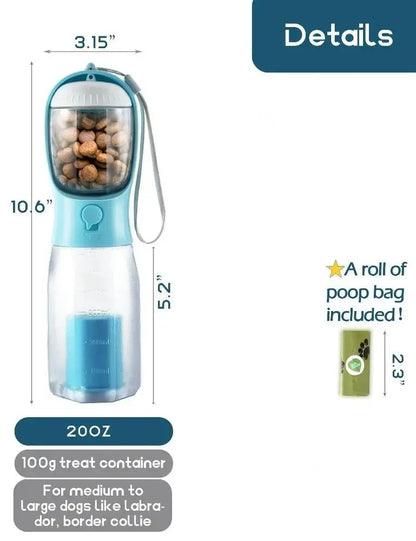 3-in-1 Portable Dog Water Bottle & Travel Bowl with Treat Container & Poop Bag Holder - Ideal for Outdoor Adventures with Large Dogs - 20oz Blue