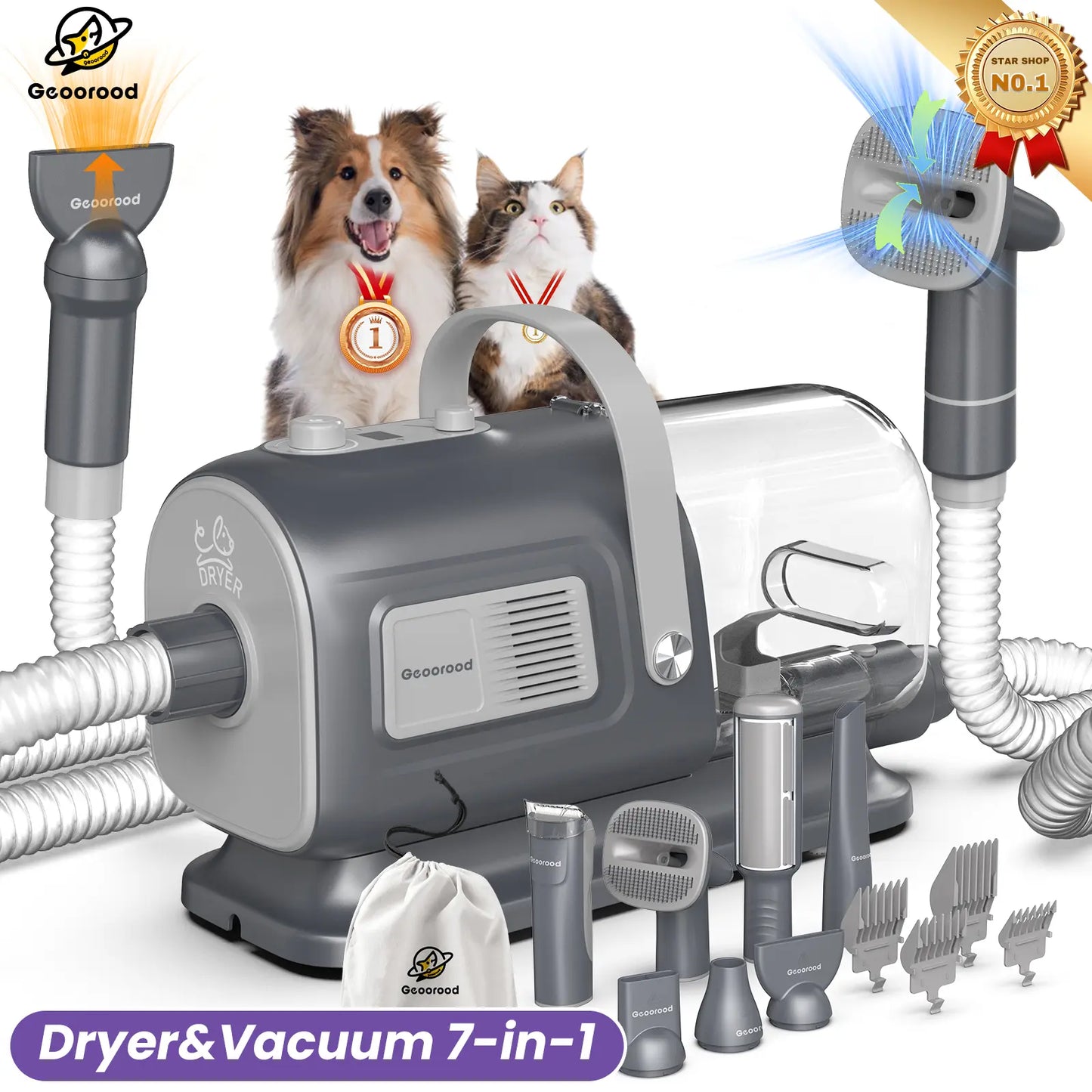 Geoorood All-In-One Dog Grooming Kit with Vacuum Brush, 2.5L Capacity, Stainless Steel Blades, Lightweight Design, 13Kpa Suction Force, Portable Cleaning Set