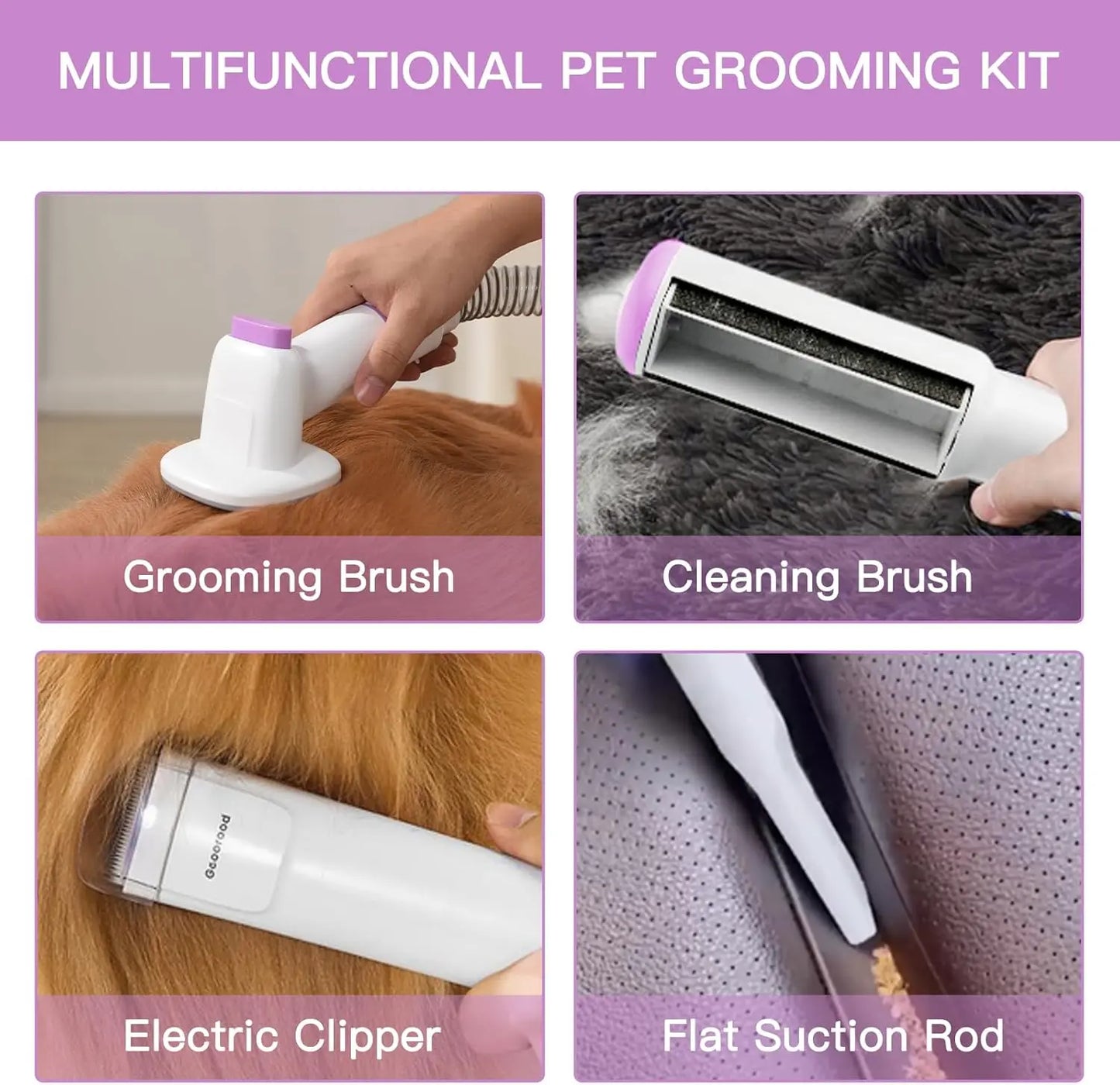 Geoorood All-In-One Dog Grooming Kit with Vacuum Brush, 2.5L Capacity, Stainless Steel Blades, Lightweight Design, 13Kpa Suction Force, Portable Cleaning Set