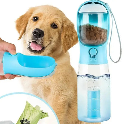 3-in-1 Portable Dog Water Bottle & Travel Bowl with Treat Container & Poop Bag Holder - Ideal for Outdoor Adventures with Large Dogs - 20oz Blue