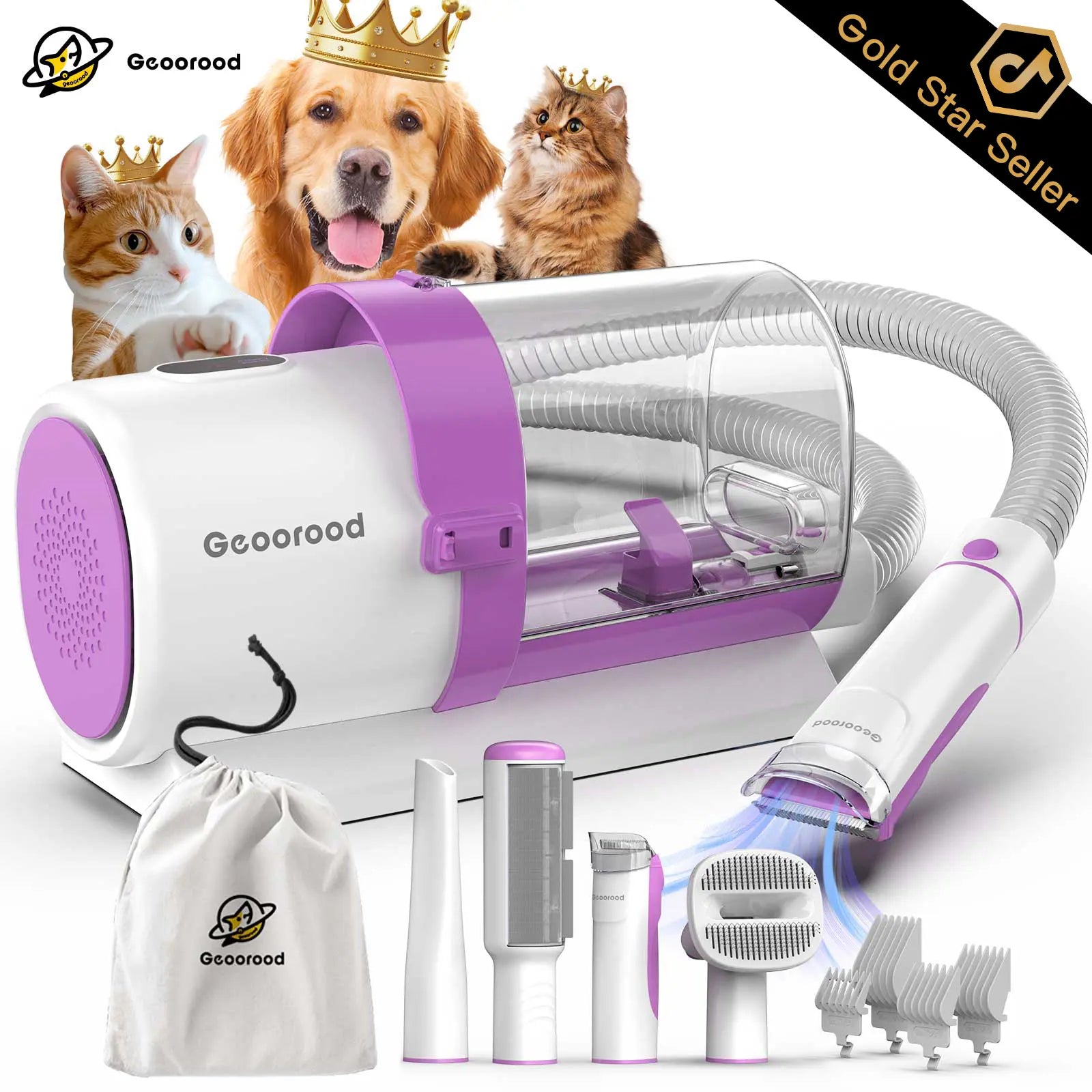 Geoorood All-In-One Dog Grooming Kit with Vacuum Brush, 2.5L Capacity, Stainless Steel Blades, Lightweight Design, 13Kpa Suction Force, Portable Cleaning Set