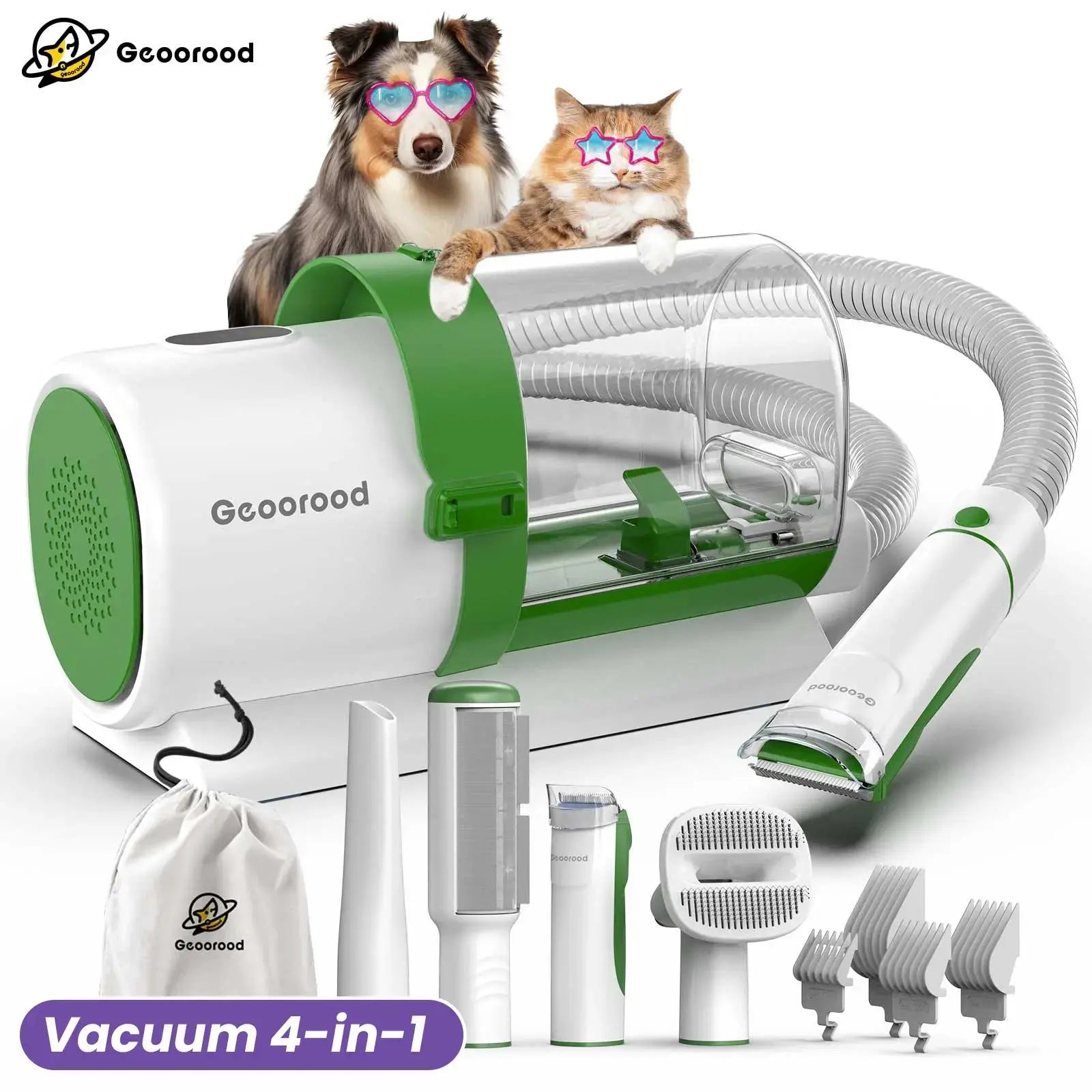 Geoorood All-In-One Dog Grooming Kit with Vacuum Brush, 2.5L Capacity, Stainless Steel Blades, Lightweight Design, 13Kpa Suction Force, Portable Cleaning Set