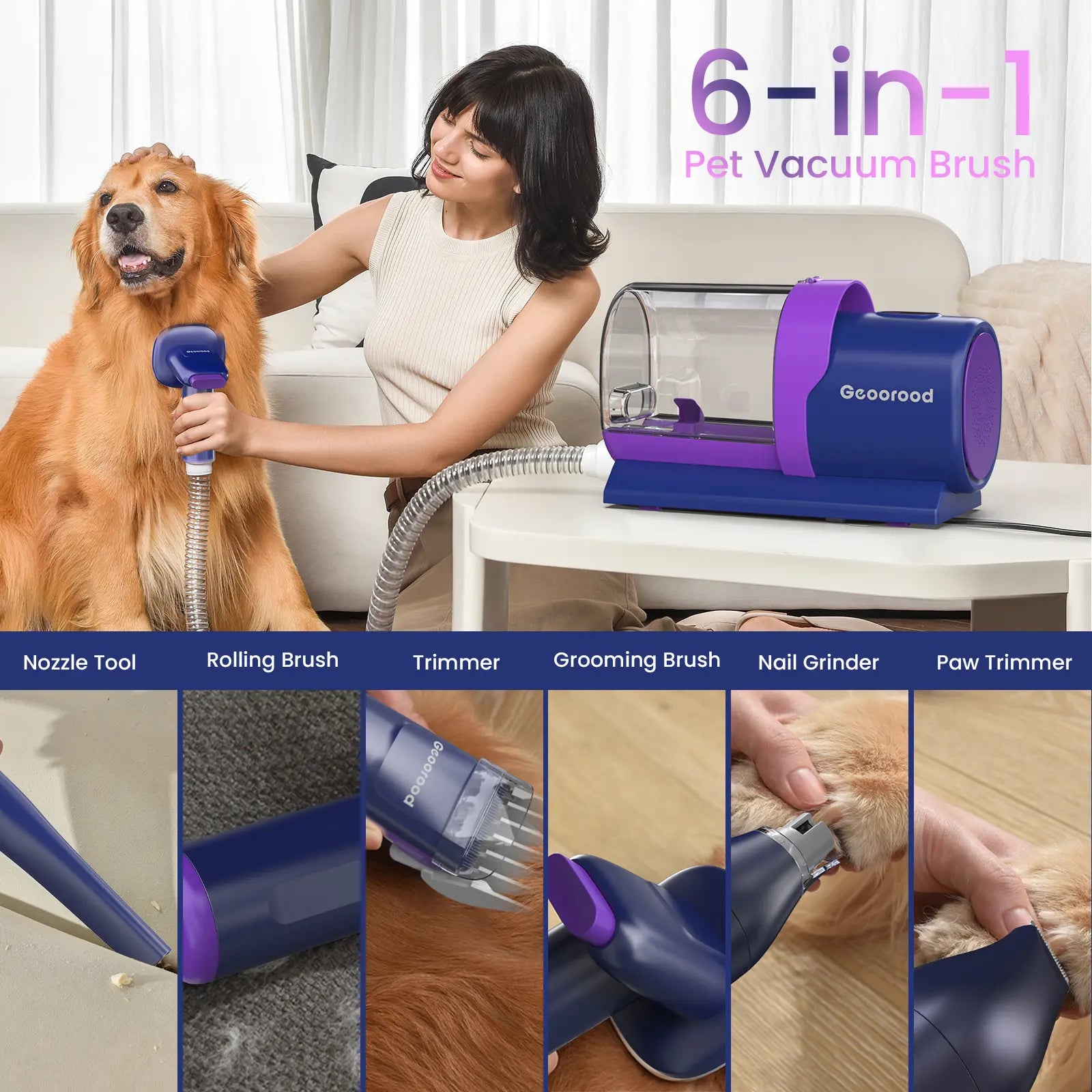 Geoorood All-In-One Dog Grooming Kit with Vacuum Brush, 2.5L Capacity, Stainless Steel Blades, Lightweight Design, 13Kpa Suction Force, Portable Cleaning Set