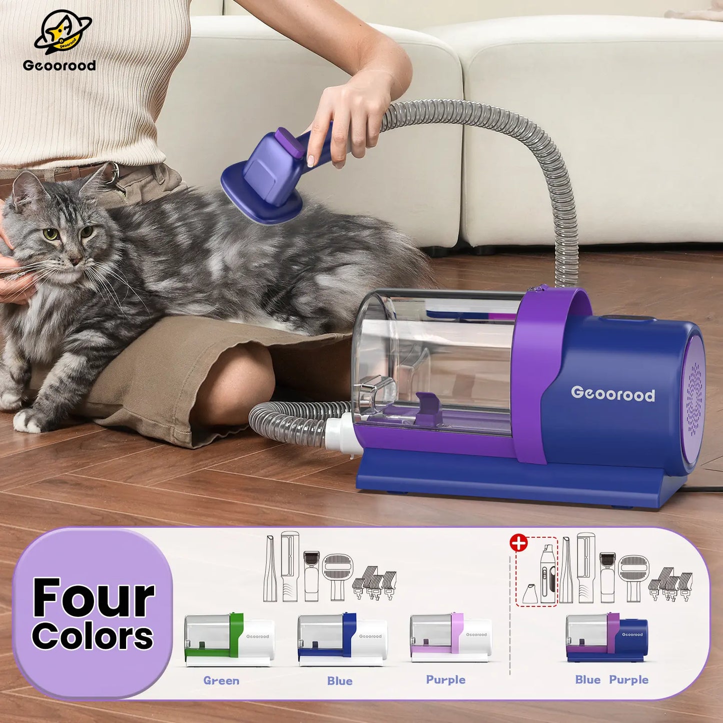 Geoorood All-In-One Dog Grooming Kit with Vacuum Brush, 2.5L Capacity, Stainless Steel Blades, Lightweight Design, 13Kpa Suction Force, Portable Cleaning Set