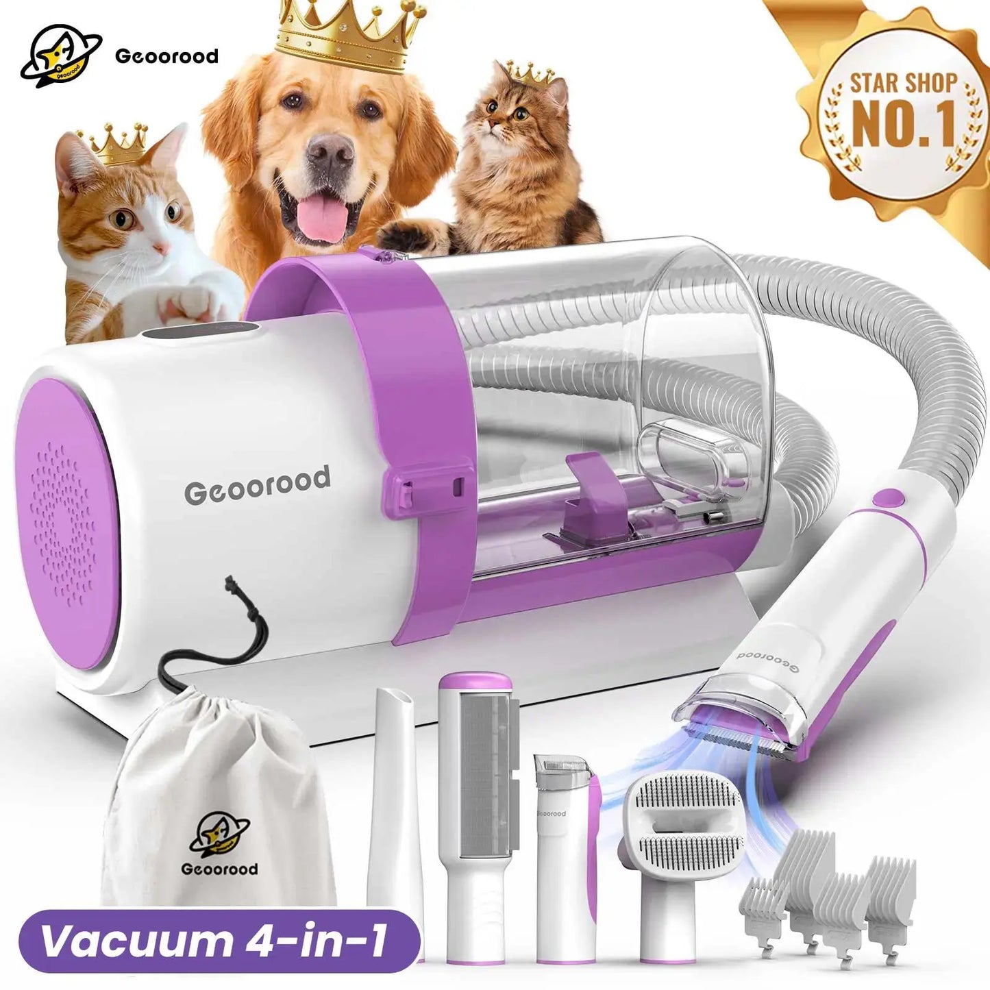 Geoorood All-In-One Dog Grooming Kit with Vacuum Brush, 2.5L Capacity, Stainless Steel Blades, Lightweight Design, 13Kpa Suction Force, Portable Cleaning Set