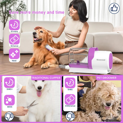 Geoorood All-In-One Dog Grooming Kit with Vacuum Brush, 2.5L Capacity, Stainless Steel Blades, Lightweight Design, 13Kpa Suction Force, Portable Cleaning Set